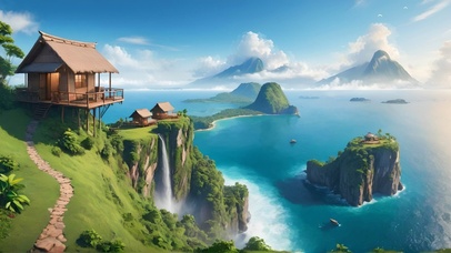 海边悬崖瀑布小屋