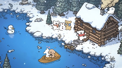 线条快乐小狗治愈清新冬日雪景海