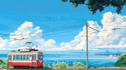 夏日清新海边列车