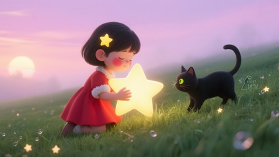 草原抱着星星的女孩