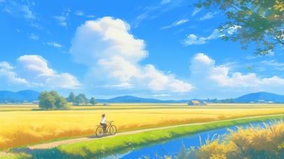 在金色的麦田边骑行