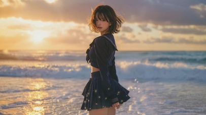 落日海边少女
