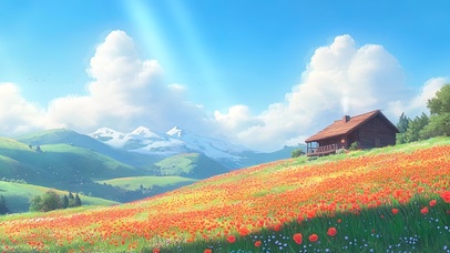 浪漫山坡花海小屋