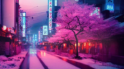 4K唯美赛博朋克樱花街道雪景