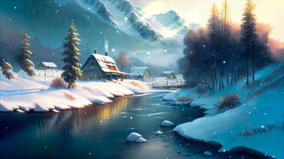 雪山下河边小屋