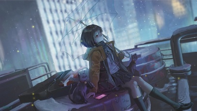 下雪城市夜景天台制服少女与猫