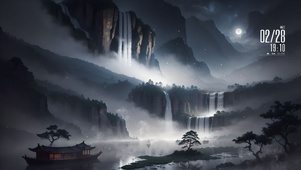 古风月夜湖水