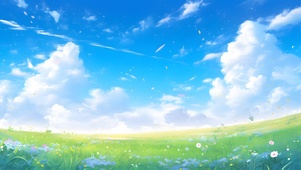 蓝天白云草地简约治愈风景
