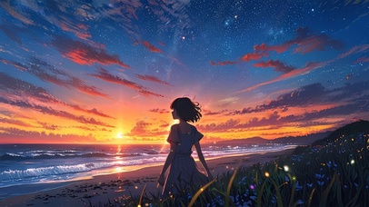 夕阳海边少女