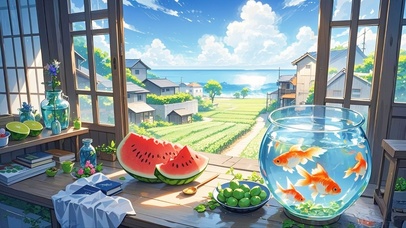夏天西瓜金鱼和大海