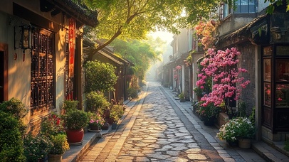 和煦春日古镇静谧傍晚