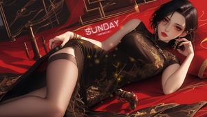 躺在红毯上的旗袍美女