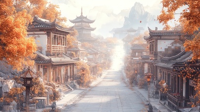 秋日古镇的朦胧清晨