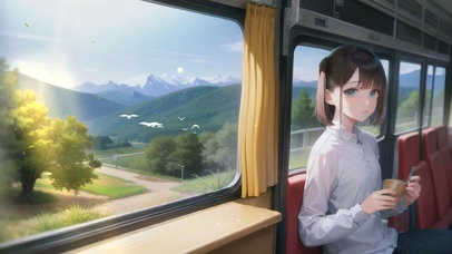 坐在电车上看书的女孩