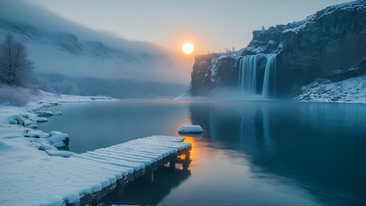 雪霁晨晖映瀑湖