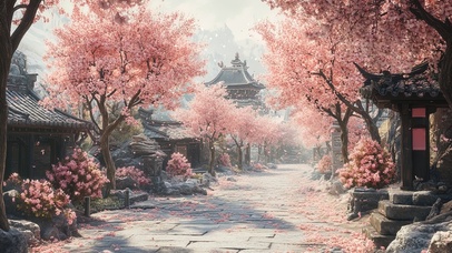 粉色樱花春日古镇