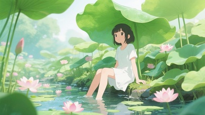 荷叶下躲雨的女孩