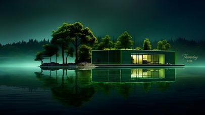 绿色湖水森林小屋