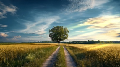 麦田中的静谧树影