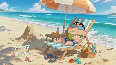 海滩悠闲享受夏日的蜡笔小新