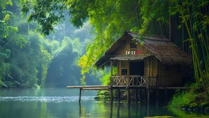唯美绿色湖面小屋