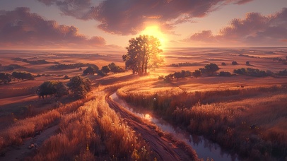 日落草原崎岖溪流