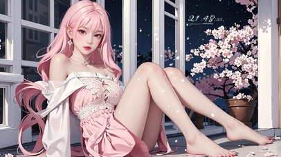 夜空樱花飘落睡衣美少女