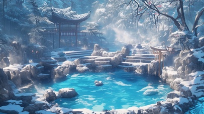 冬日山中古刹水潭