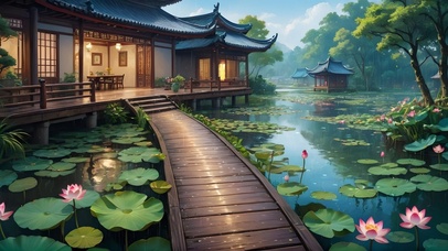 细雨荷花池中小屋