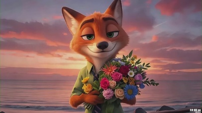 拿手捧花的尼克狐