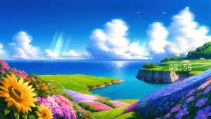 唯美治愈插画春天的阳光海岸