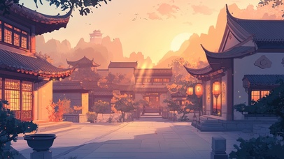 晚霞下的静谧温馨古镇