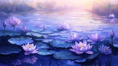 静谧紫色池塘莲花