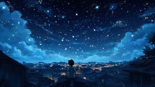 星空下的城镇与男孩