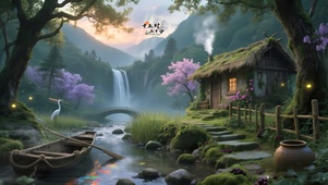 归隐山林草屋炊烟