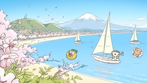 可爱线条快乐小狗海边樱花富士山