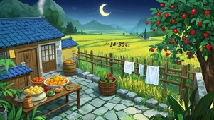 月下稻田乡村小屋