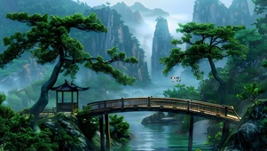 古风栈桥松林
