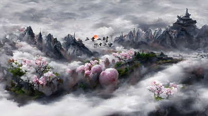 4K古风水墨樱花高山云海