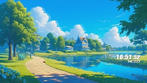 护眼蓝天白云绿景河流