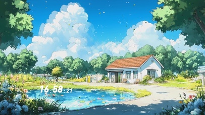 蓝天白云樱花树木