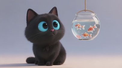 可爱逗鱼小黑猫