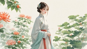 绿色护眼古风美女手绘花朵插画7