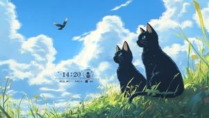 草地两只黑猫	