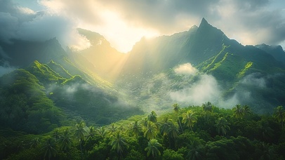 绿色护眼云雾缭绕热带小岛山谷