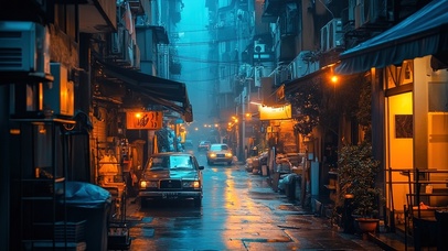 雨夜蓝调城市街景