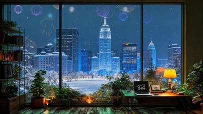 窗外城市新年烟花