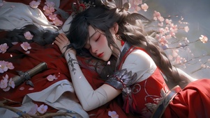 樱花下休憩的少女