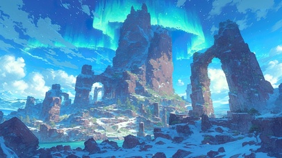 极光下的雪原岩石群