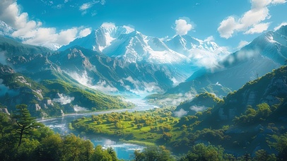 清新治愈绿色护眼雪山草原溪流